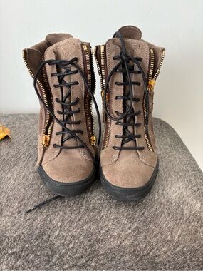 Women's Taupe Suede Lace-Up Heeled Boots with Gold Zippers